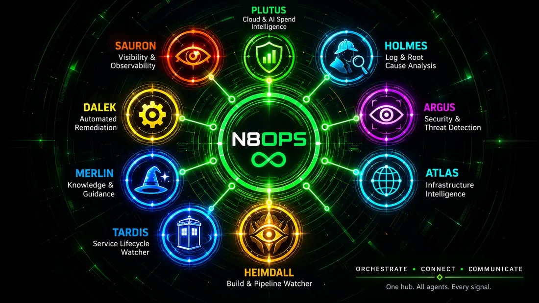 N8OPS — one hub, all agents: PLUTUS, HOLMES, ARGUS, ATLAS, HEIMDALL, TARDIS, MERLIN, DALEK, SAURON